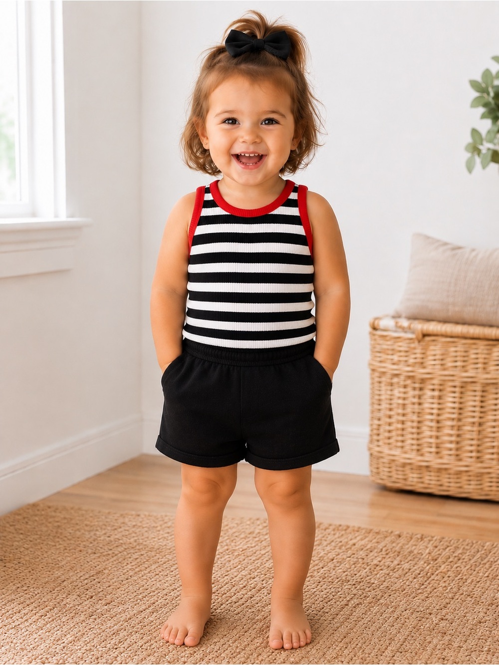 Striped Tank  with Red Trim - Black & White Stripes